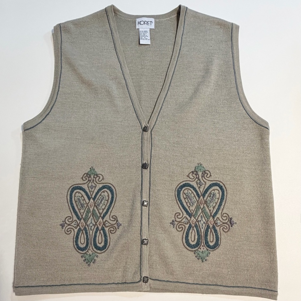 VINTAGE 90s scroll floral knit sweater cardigan button front sleeveless v neck‎
